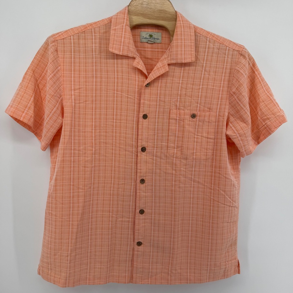 Island Shores Button Down Mens XL Orange Plaid Camp Shirt Tropical Rayon Blend